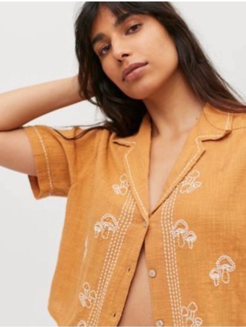 Urban Outfitters Mustard Short-Sleeve Embroidered Button-Down